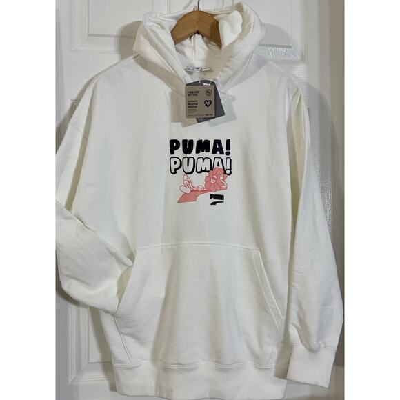 NEW Puma Downtown Oversized Graphic Kadin Beyaz White Flower Hoodie XS - Picture 1 of 2